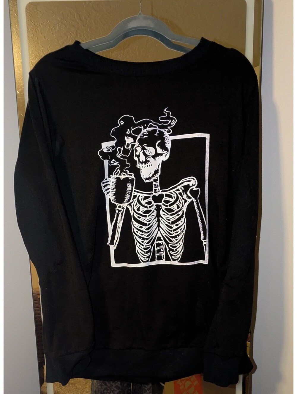 Black Sweatshirt with Skeleton and Coffee Graphic Print